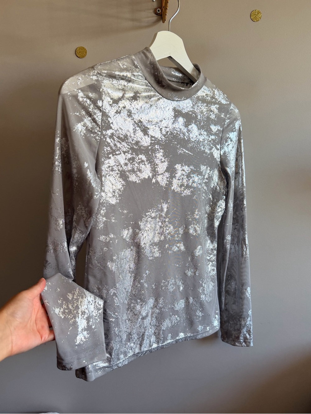 Silver Metallic Foil Mesh Long Sleeve Top – Size Large